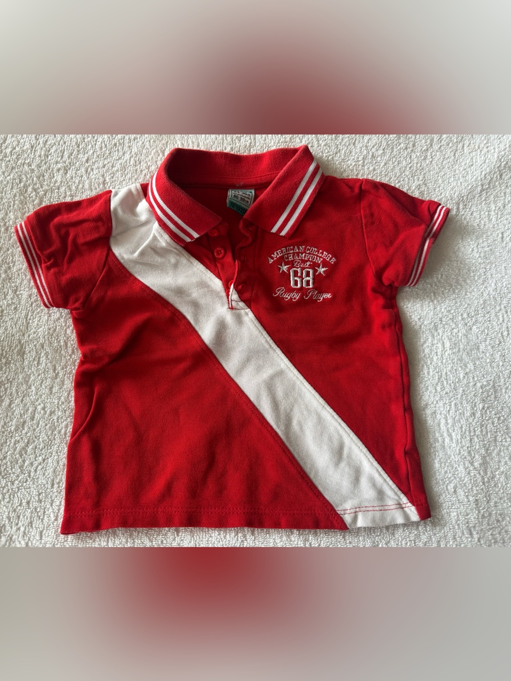 Red Kids Polo with White Diagonal Stripe and Embroidered Chest